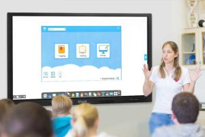 Image of Flyup Technology's Ultra interactive whiteboard in use, showcasing intelligent features, HD display, and smooth touch for enhanced meeting and classroom experiences.