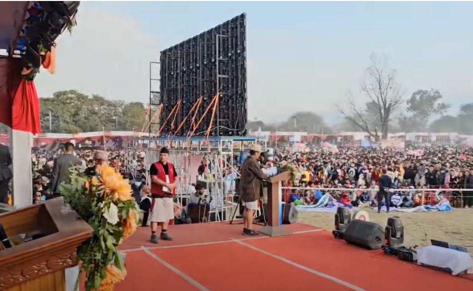 A massive LED screen enhances the atmosphere at the Maghi Festival in Tundikhel Ground, Kathmandu.